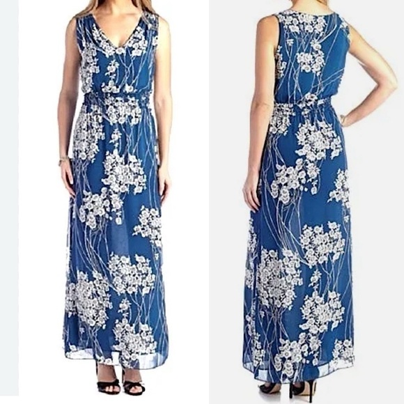 Sophie Max Maxi Dress M Blue Floral Sleeveless Chiffon V-neck Long Overlay Smock - Picture 1 of 8